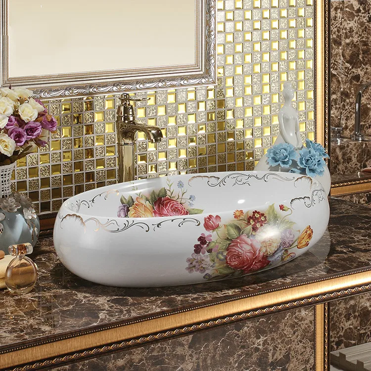 

Flower shape Chinese hand painted art porcelain basins sinks luxury sinks washbasin bowl