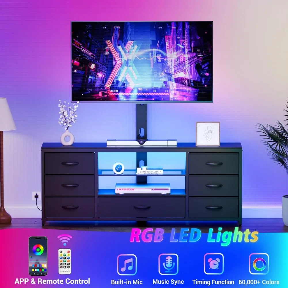 حامل تلفزيون على طراز Dresser باللون الأسود مع حامل و7 أدراج قماشية، مركز ترفيه LED مع منافذ طاقة للتلفزيونات من 32 إلى 70