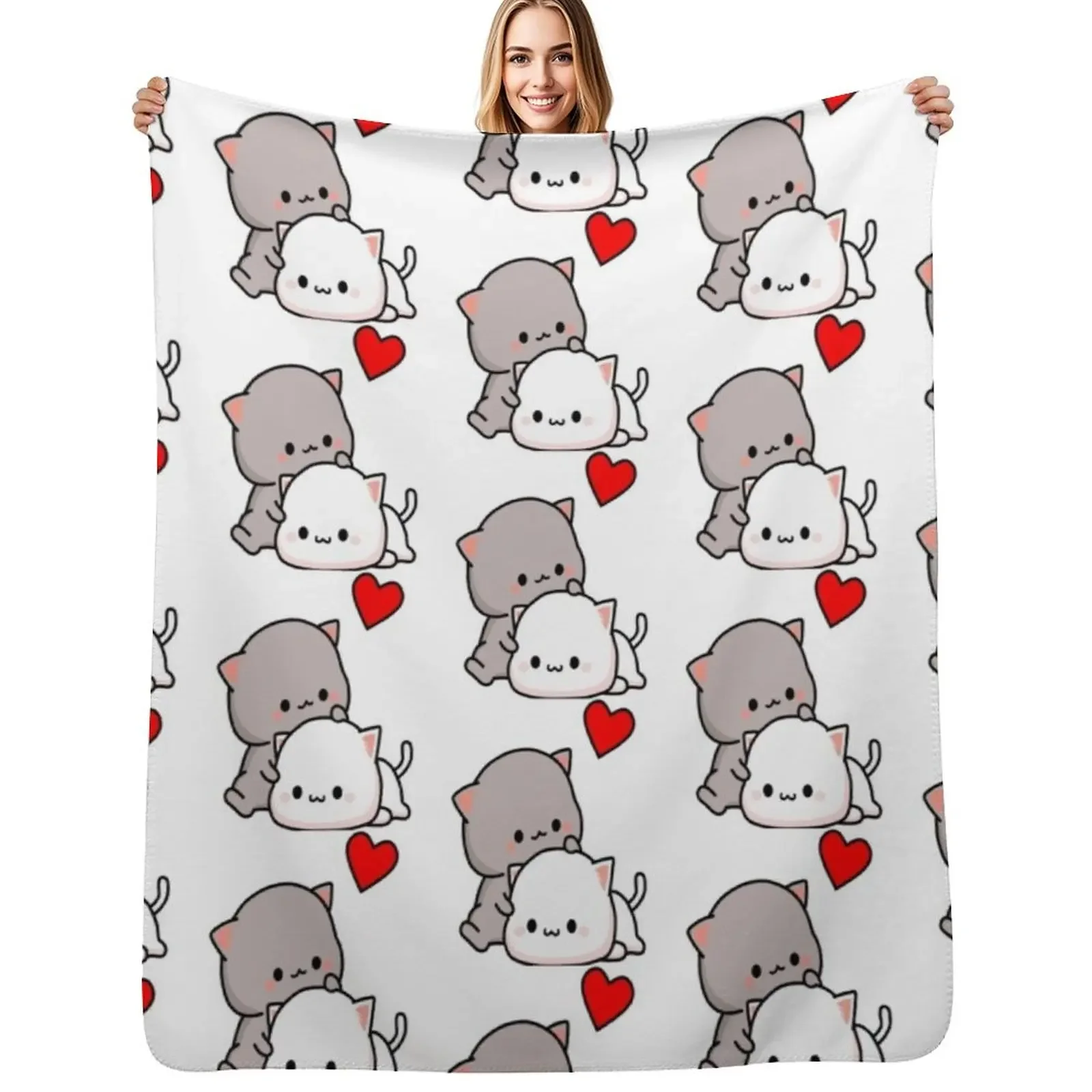 

Mochi Peach Cat Goma Love Is Kind Love Hugs Kisses Valentine Pullover Throw Blanket Custom for winter Large Blanket