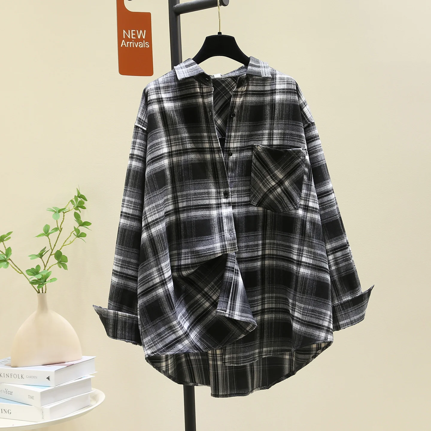 

SuperAen Oversize Asymmetrical Loose Mid-length Long-sleeved Casual Shirt for Women Autumn Retro Plaid Cotton Shirts