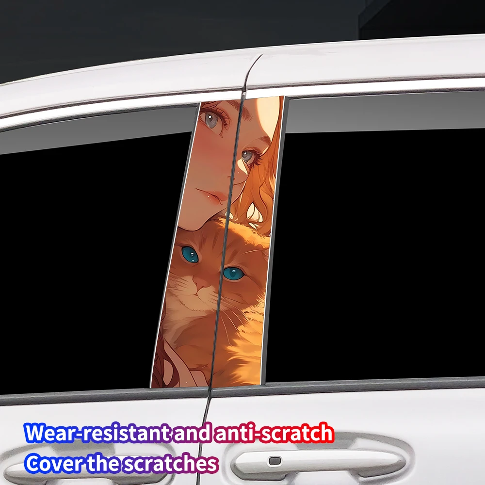 Anime Girl and Cat Car Stickers Auto B Pillar Waterproof Center Column Decor Cover Scratch DIY Car Doors Pillar Decals Accessory