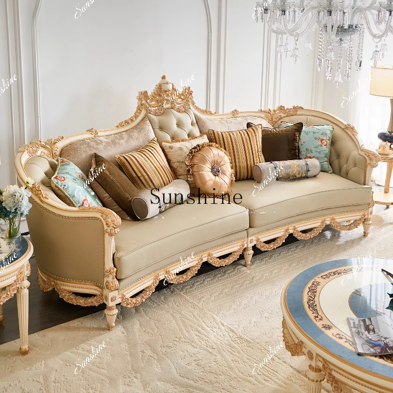High-end custom furniture villa large flat French all-solid wood leather sofa EF9  FT