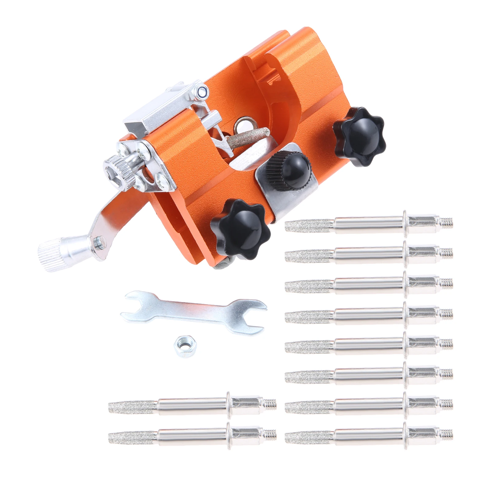 1 Set Universal Chainsaw Sharpening Jig Kit Portable Blade Sharpeners  with 10pcs Sharpening Heads 2pcs Nuts and 1pc Wrench