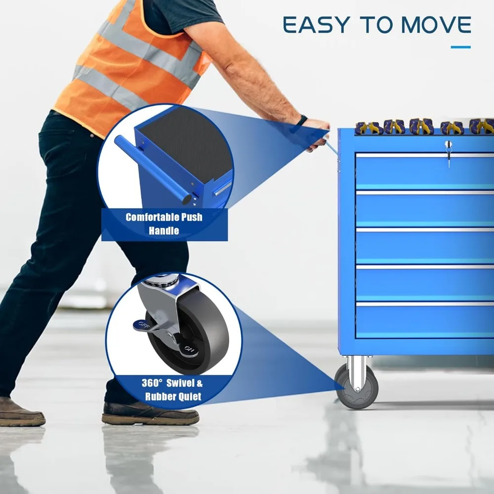 5段引き出し付きヘビーデューティーローリングツールチェスト、大容量収納、作業場用メカニックロック式メタルツールキャビネット