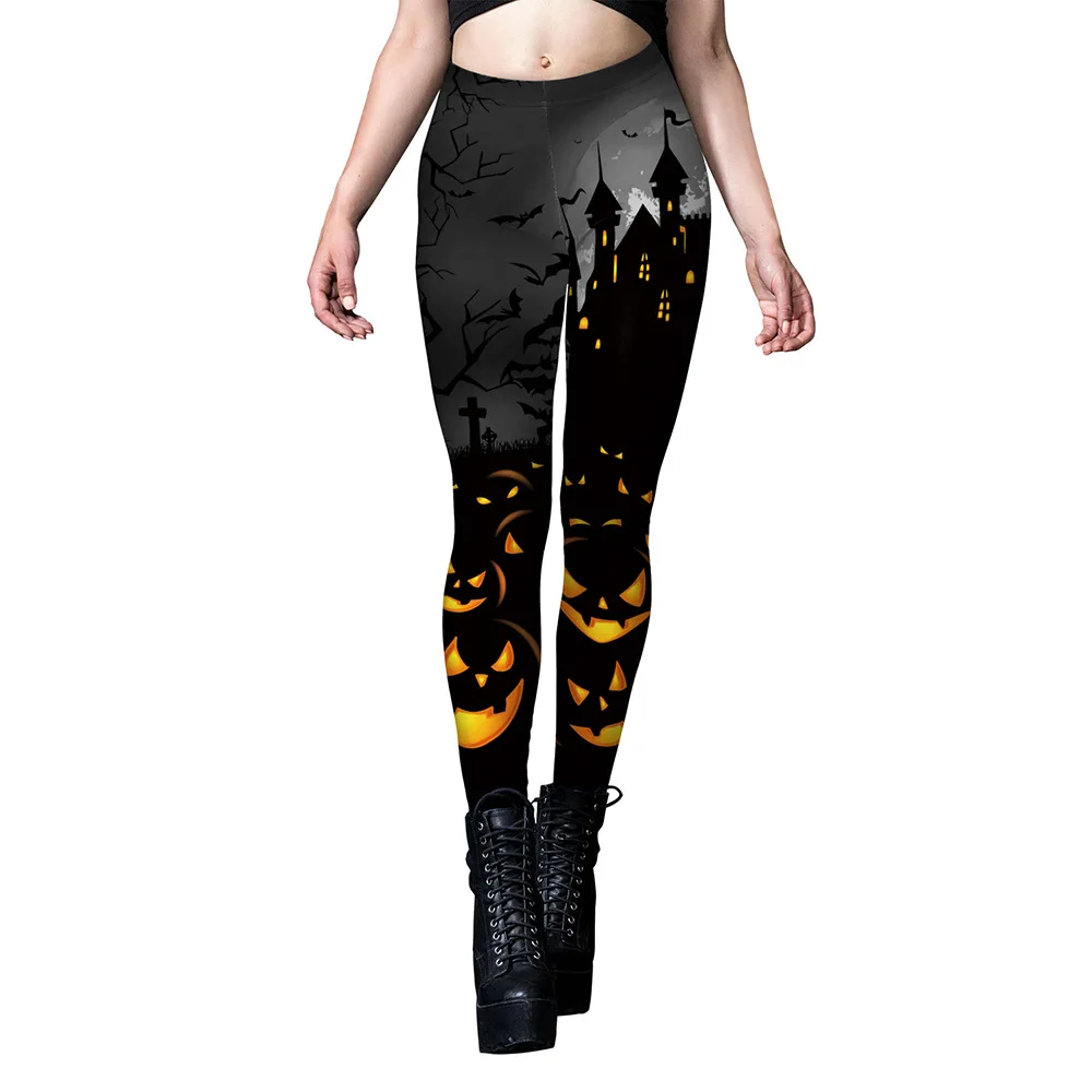 Halloween Pumpkin Skull 3D Print Pattern Sexy Stripe Workout Pants Leggings Punk Women Trouser  Sexy Stretch Mid Waist Pants