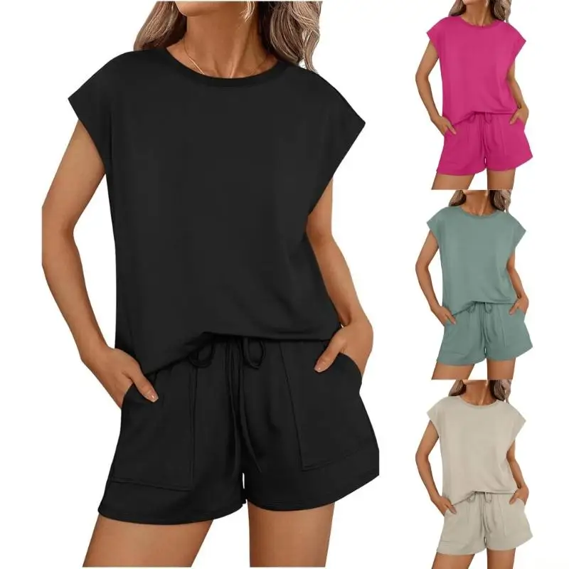 

31BF Женский спортивный костюм из двух частей с круглым вырезом, короткими рукавами и завязками, с карманами