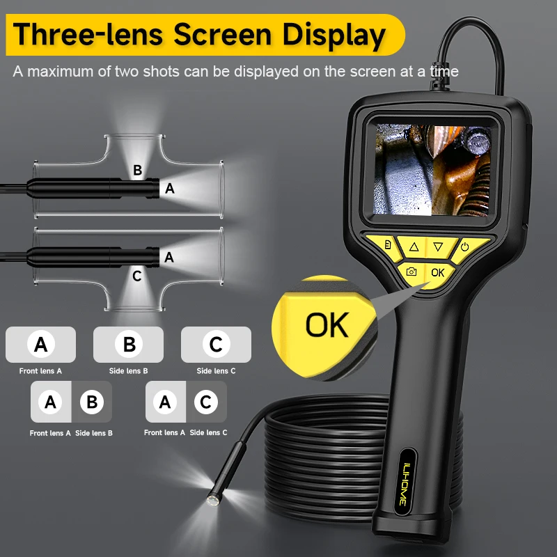 Triple Lens Handheld Endoscope Camera 2.8 Inch IPS Screen HD1080P 8MM Car Inspection Borescope Removeable Battery Take Photo