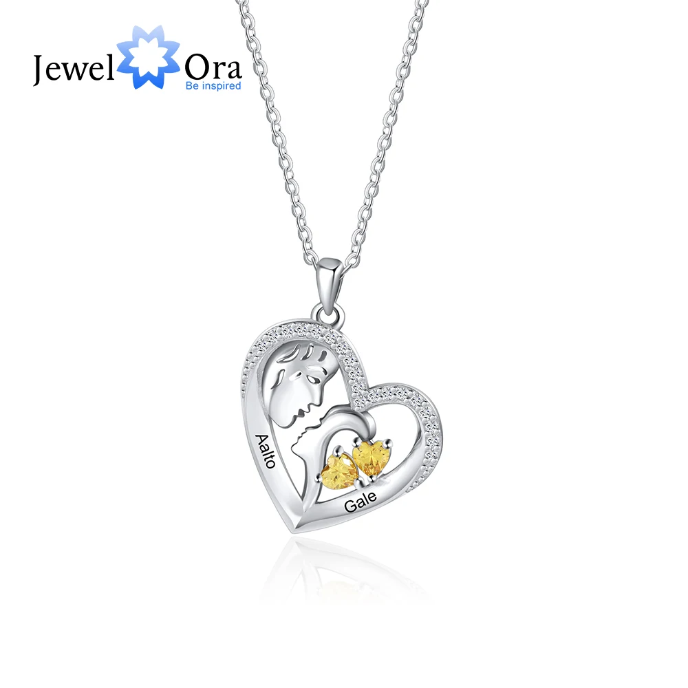 Personalized Mother Child Necklace with 2 Birthstones Custom Name Engraving Heart Pendants for Women Anniversary Gifts for Mom