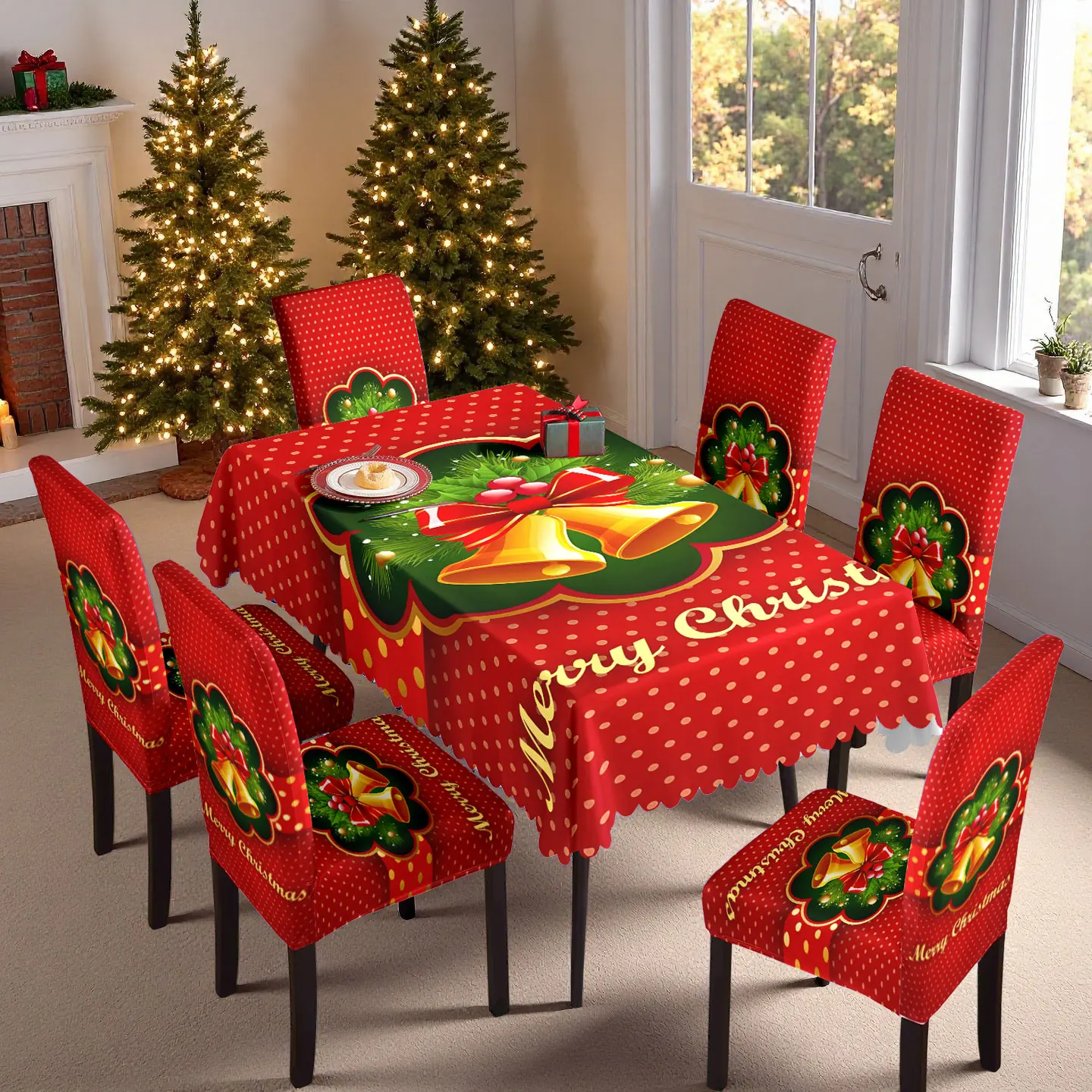 

5/7pcs Merry Christmas Decorative Chair Cover Tablecloth Set Bell Printed Stretch Spandex Chair Cover Washable Lace Tablecloth