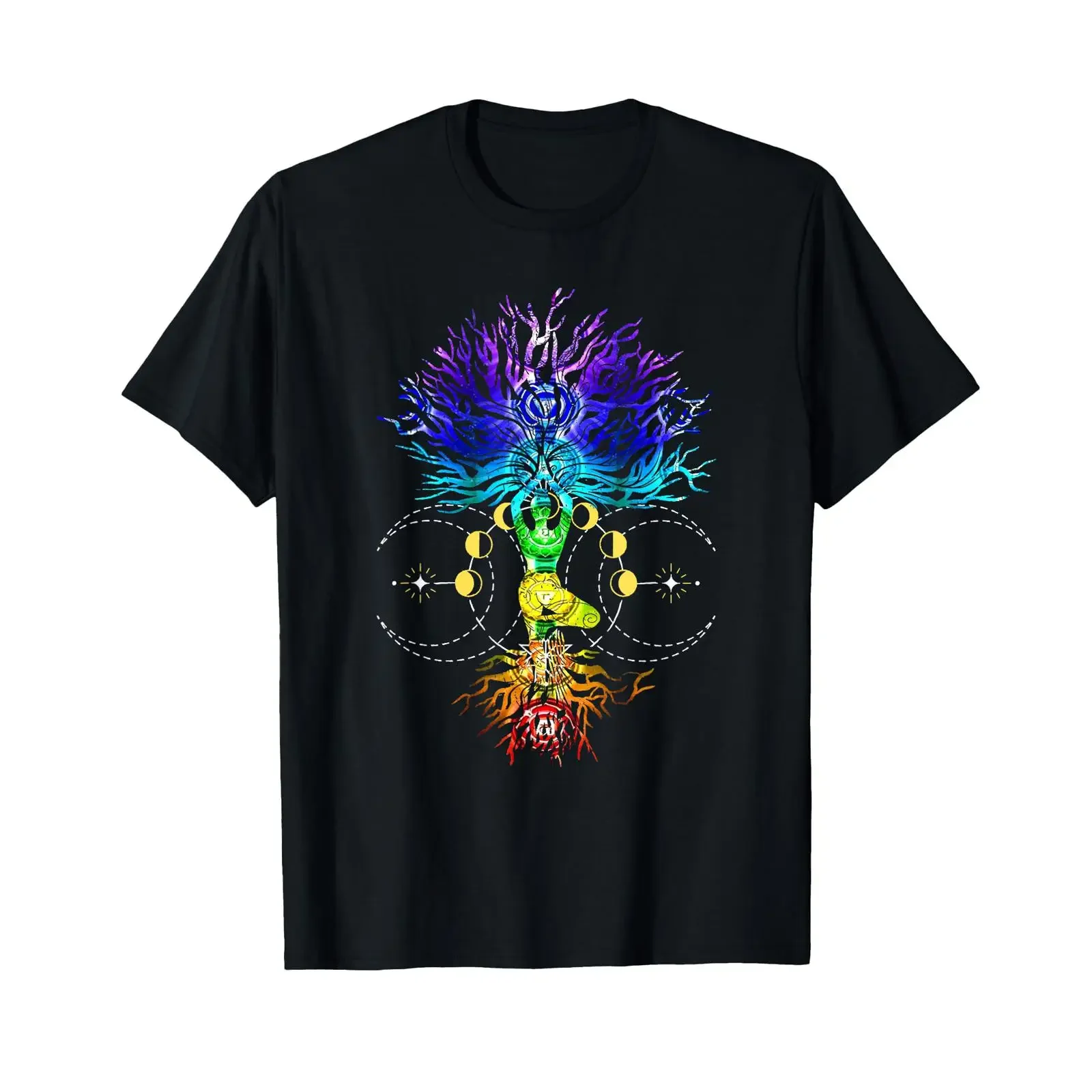 Chakra Tree of Life with Phases The Moon Hatha Yoga T Shirt vintage Washed Stretched Versatile Unisex fashion Breathable Soft