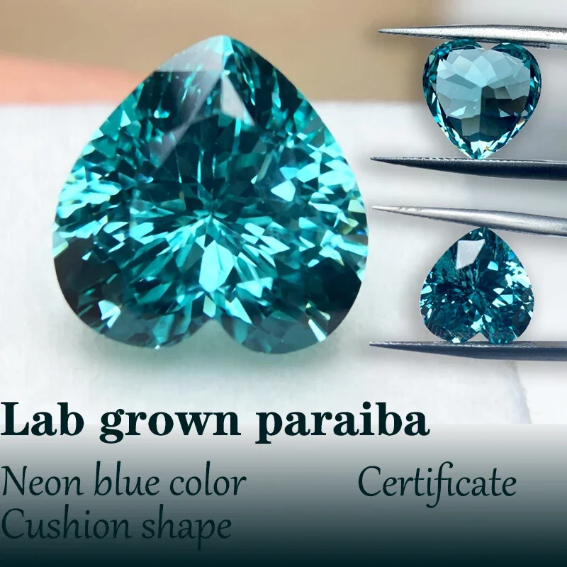 

Форма сердца, выращенная в лаборатории Paraiba, неоновый синий цвет VVS1, кольцо «сделай сам», ожерелье, серьги, основные материалы, оптовая продажа с фабрики с сертификатом