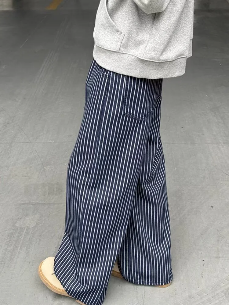 Cleanfit blauwe verticale gestreepte herenjeans Casual losse wijde pijpen Afslankende Amerikaanse Sle lange broek Jeugdtrend Lente Faion