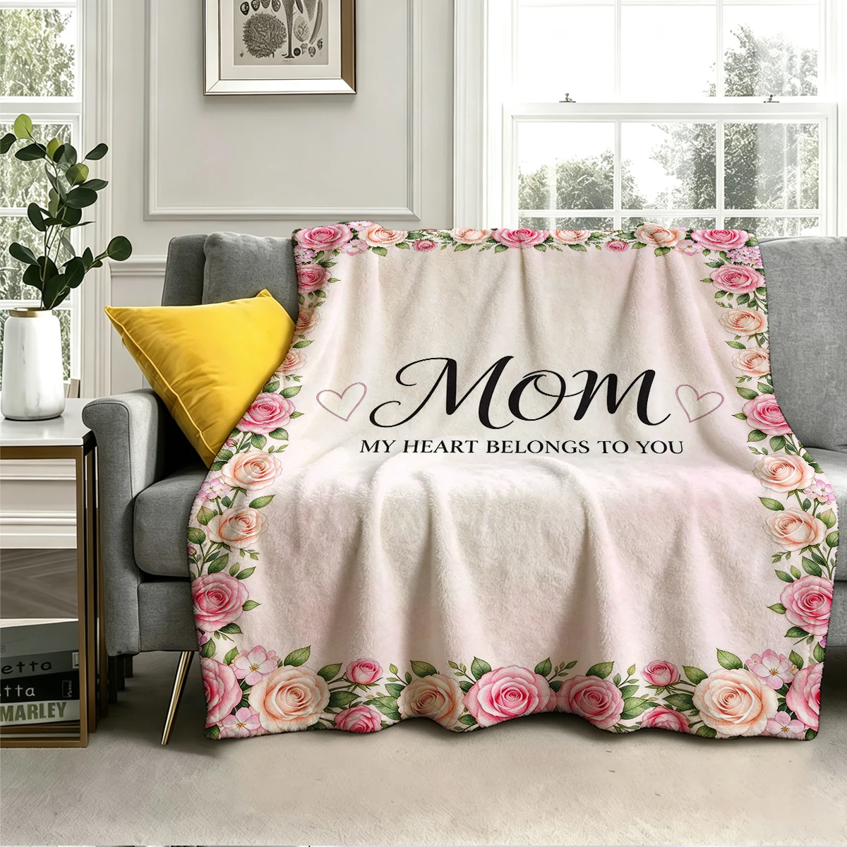 Mom Heart Rose Frame Pink Cozy Flannel Fleece Blanket Lightweight Plush Throw Blanket for Sofa Bed Travel Camping Warm Blanket