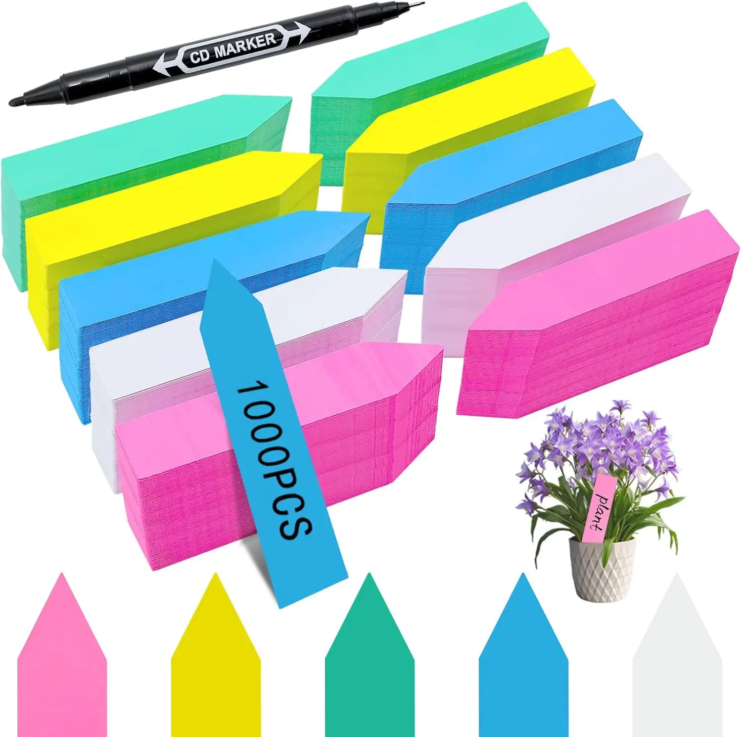 

1000 шт. пластиковых маркеров для растений с перманентным маркером, 5 цветов, для идентификации садовых рассадок и питомников