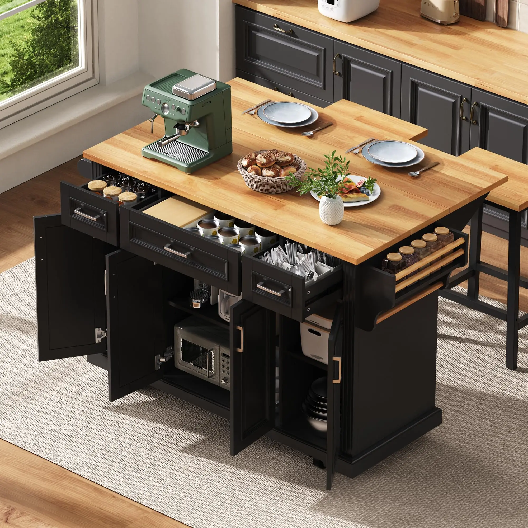 Rolling Kitchen Island with 2 Bar Stools, Drop Leaf, 4 Cabinet Doors, 3 Drawers & Side Storage Racks, Mobile Kitchen