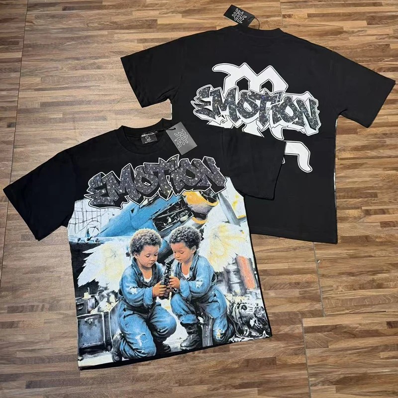 MIXED EMOTION Mens Casual Vintage Aircraft Angel Kids Print Rhinestone Letter Short Sleeve T Shirt