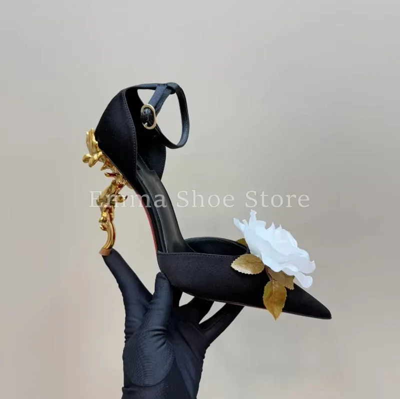 

Black Satin Pointed Toe Red Flower Pumps 2025 New Shaped Metal Heel Sexy Women Sandals Ankle Buckle Elegant Wedding Dress Shoes