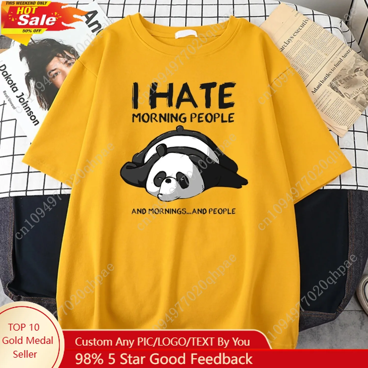 

Lazy Panda I Hate Morning People Cartoons Men Clothing Casual All-math Cotton T-Shirts Oversize Breathable Mans Short Sleeve