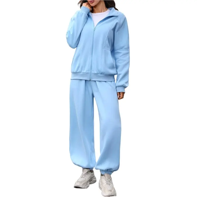 CYL-Women's Stand Collar Zip Up Loose Long Sleeve & Jogger Pant Two Piece Outfit Set Sky Blue S