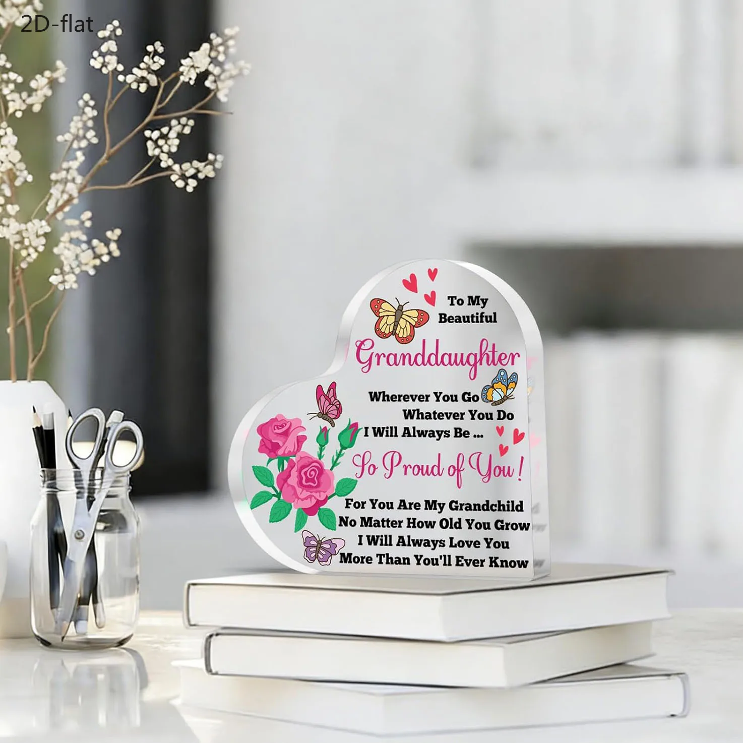 To My Beautiful Granddaughter Heart‑Shaped Acrylic Plaque, Pink Rose Colorful Butterfly Inspirational Keepsake Gift