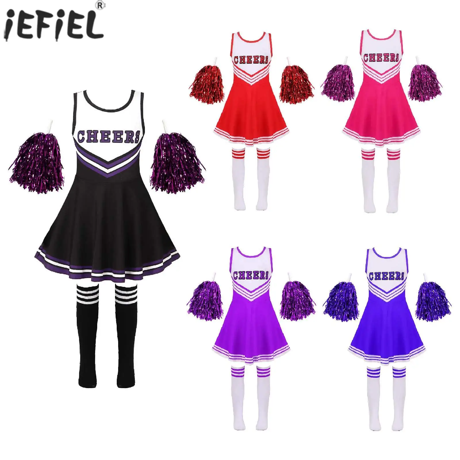 High Schoolgirls Cheer Leader Uniform Dance Cheerleading Dress Outfit with Stockings 2 Pom Poms Halloween Cosplay Costume