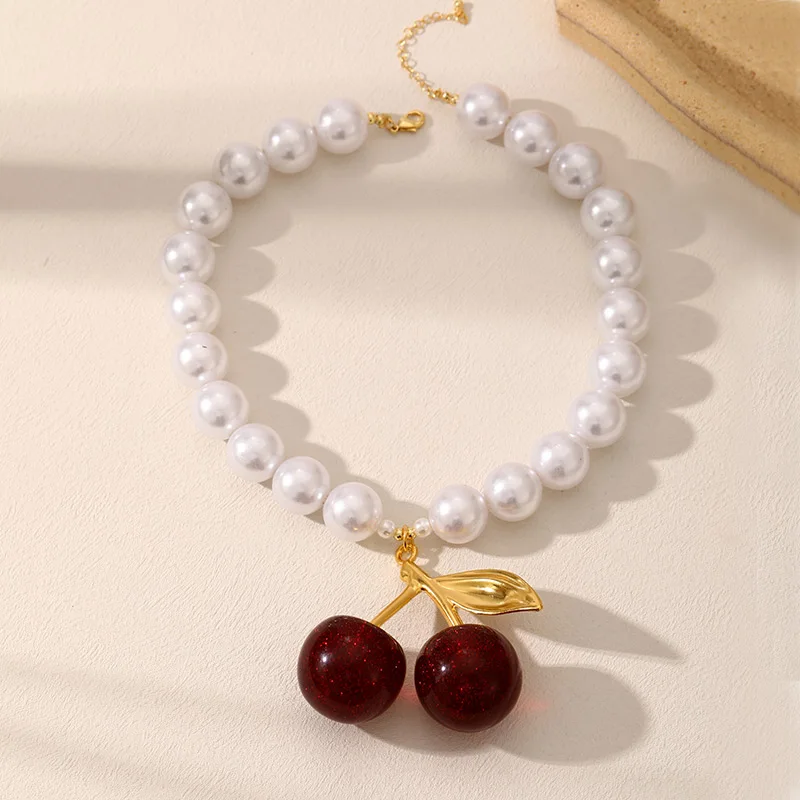 1PC White Copper Resin Cherry Pendant Beaded Pearl Necklace, Suitable for ladies everyday and party wear
