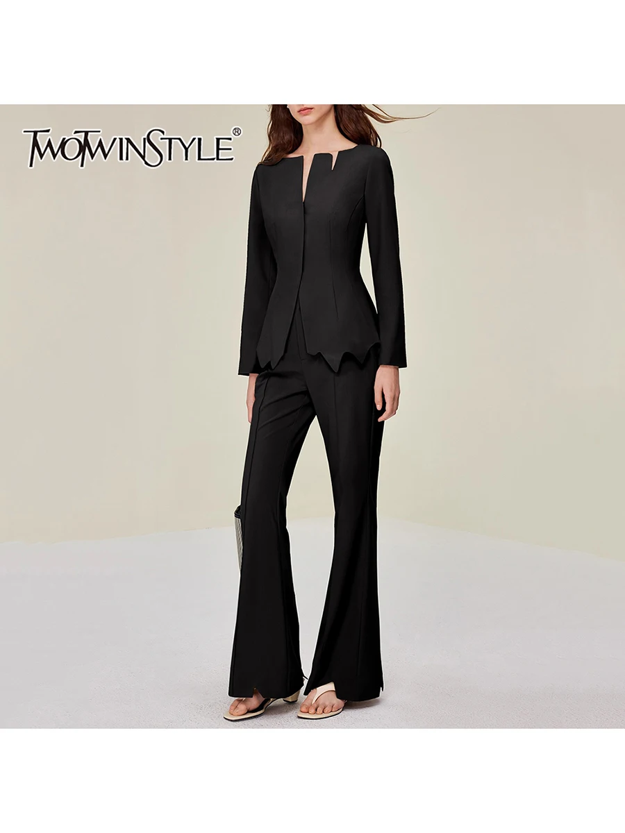 

TWOTWINSTYLE Solid Slimming Two Piece Sets for Women V Neck Long Sleeves Irregular Top High Waist Pant Elegant Set Female New