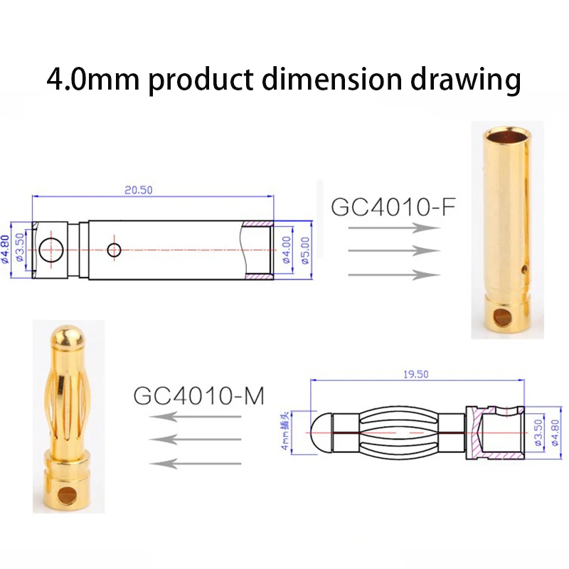 A10 peças de 5 pares Amass 2.0mm 3.0mm 3.5mm 4.0mm 5.5mm bala de ouro banana conectores 6.0mm 8.0mm plugues para conexão de bateria