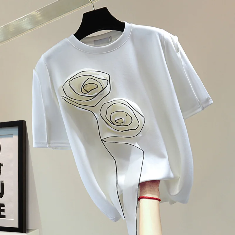 OCEANLOVE 3D Flowers T Shirt for Women Spring Summer Vintage Korean Fashion Ropa De Mujer Elegant Simple Patchwork Tees