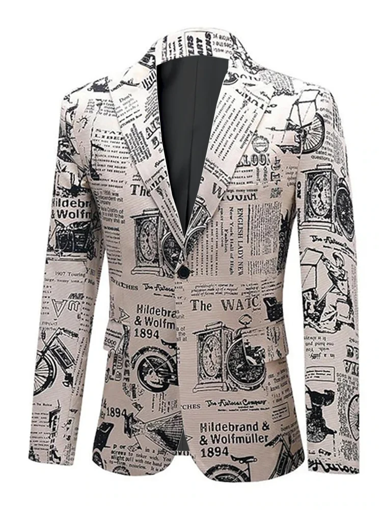 Vintage Old Newspaper 3D Casual Men\'s Suit Casual Travel Vintage Classic Style Men\'s Work Attire