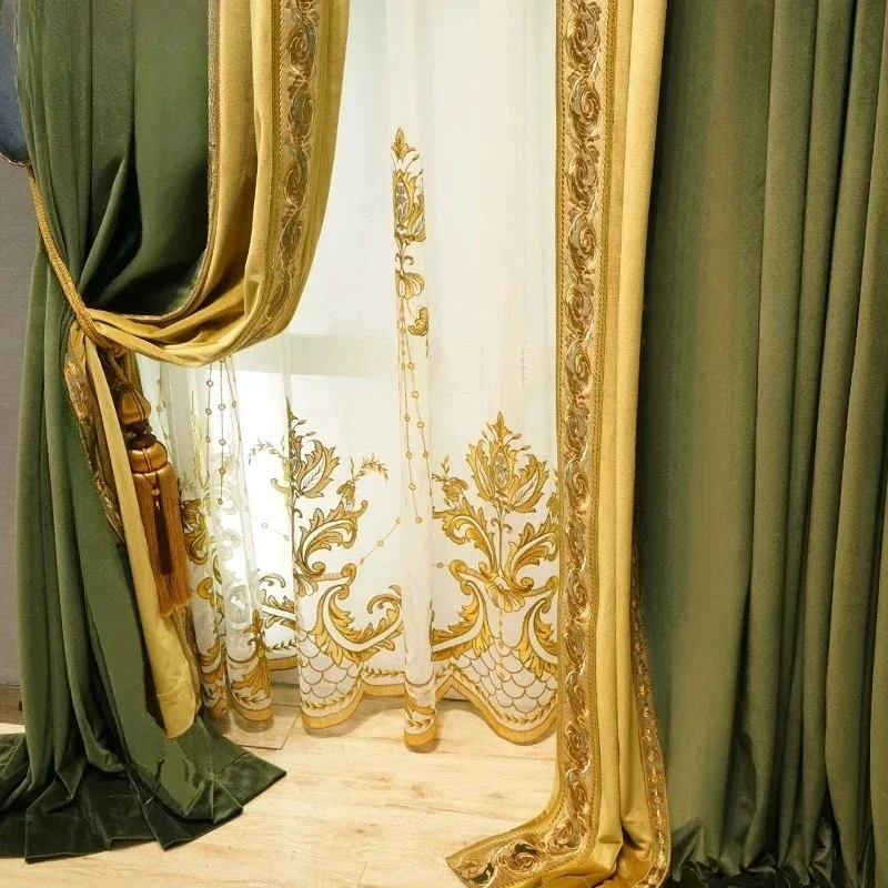 

Custom Size Luxury European Fashion Curtains for Living Room Bedroom Olive Green Velvet Fabric Curtains Custom