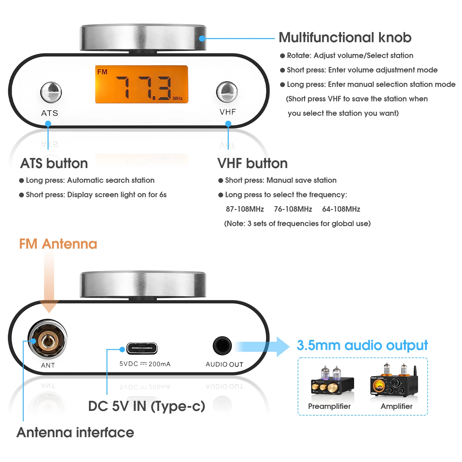 Nobsound Mini Radio FM Transistor ricerca manuale o automatica universale globale con schermo 64/76/87-108MHz