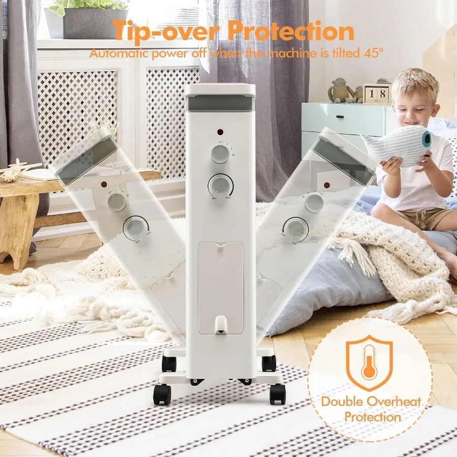 سخان مشعاع مملوء بالزيت 1500 وات سخان مساحة كهربائي مع 3 إعدادات للحرارة ترموستات ارتفاع درجة الحرارة حماية أكثر من رف معلق