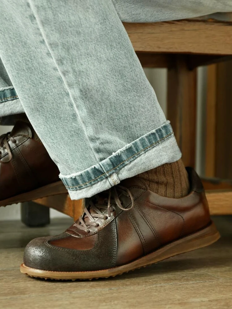 

British Men Sneakers Genuine Leather Vintage Low-top Casual Shoes Trendy Breathable Rubber-sole Outdoor Training Shoes