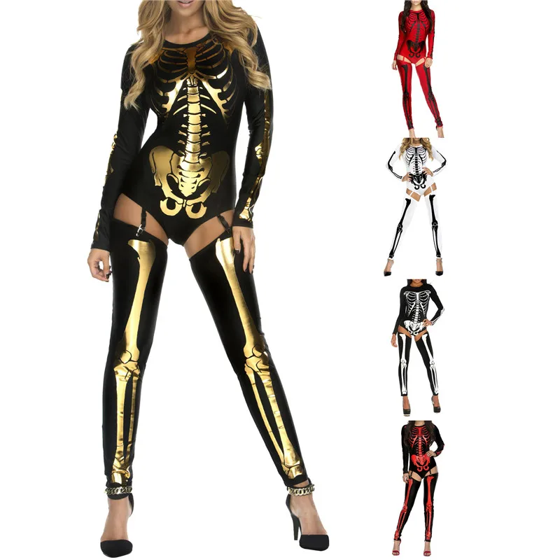 Halloween Women Long Sleeve Jumpsuit Set Skeleton Printing Round Collar Slim Bodysuit Costume Props for Cosplay Show Party