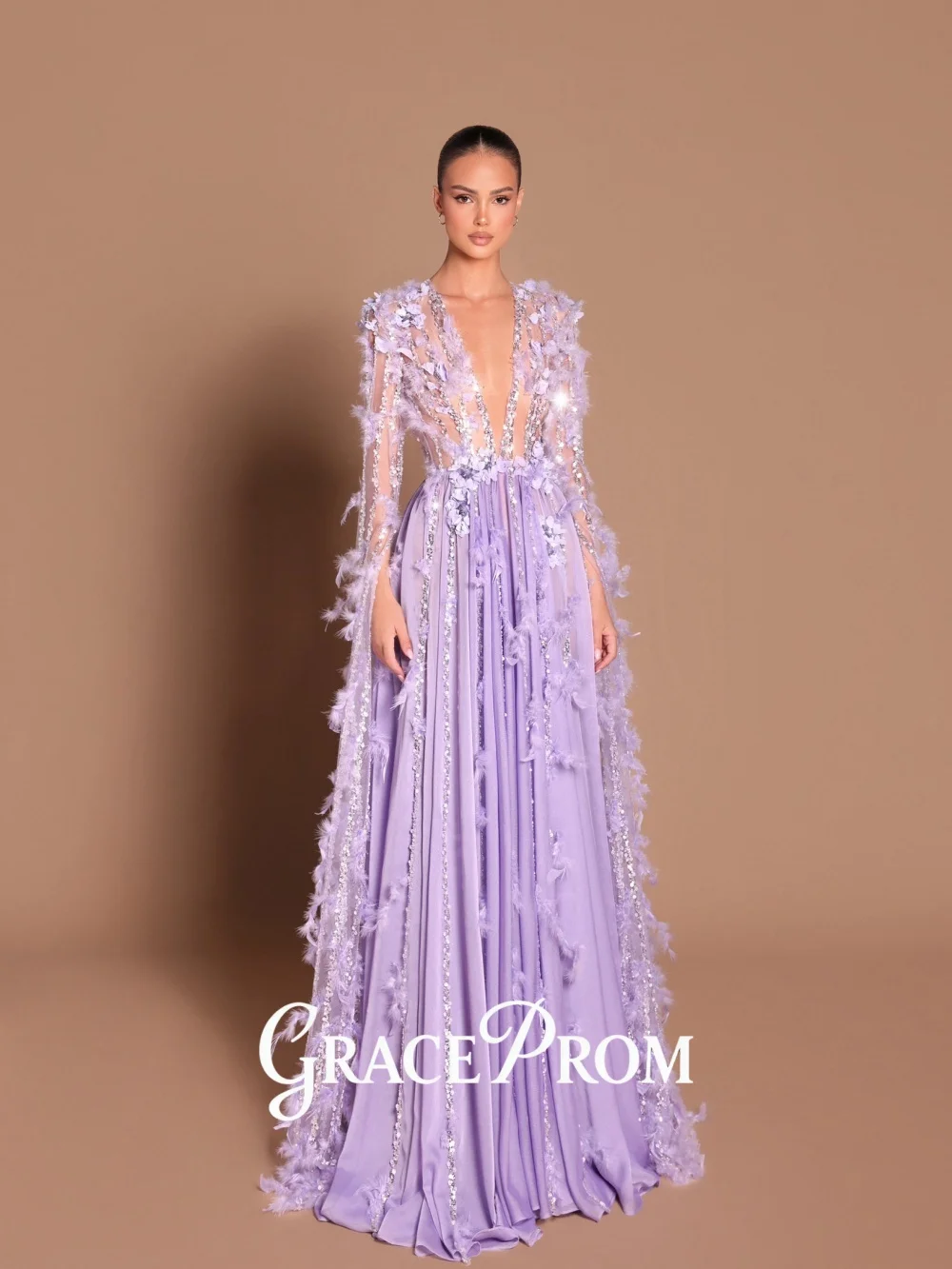 

GraceProm's Elegant Deep-V Evening Dress 2026 Feather Trim Carpet Gown Romantic A-Line Floor-Length Party Gown فساتين سه