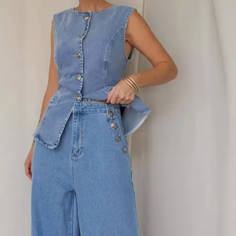 Fashionable High Waist Slimming Denim Vest Pants Set Women's No Sleeve Washed Outfit Wide Leg Pants Button Decoration