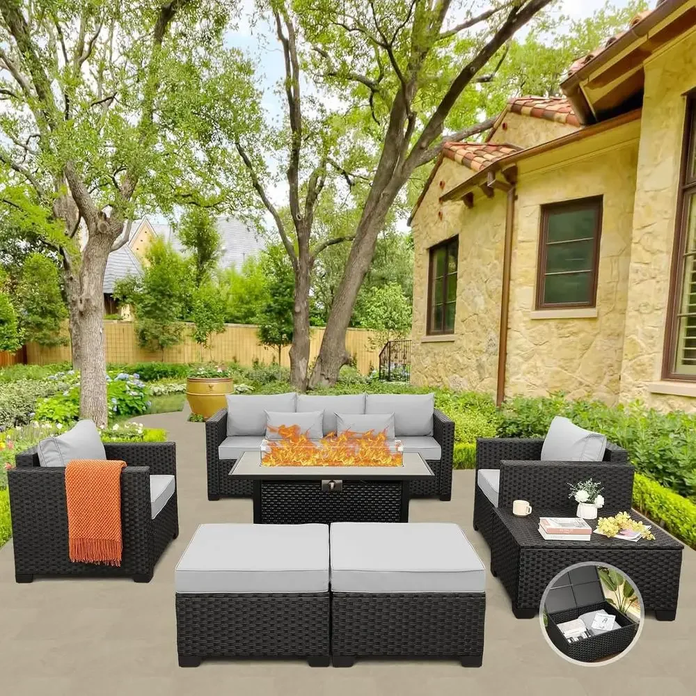 45 Outdoor Patio Furniture Set with 7 Pieces, Weatherproof Covers, Propane Fire Pit Table, Light Grey, Anti-Slip Cushions
