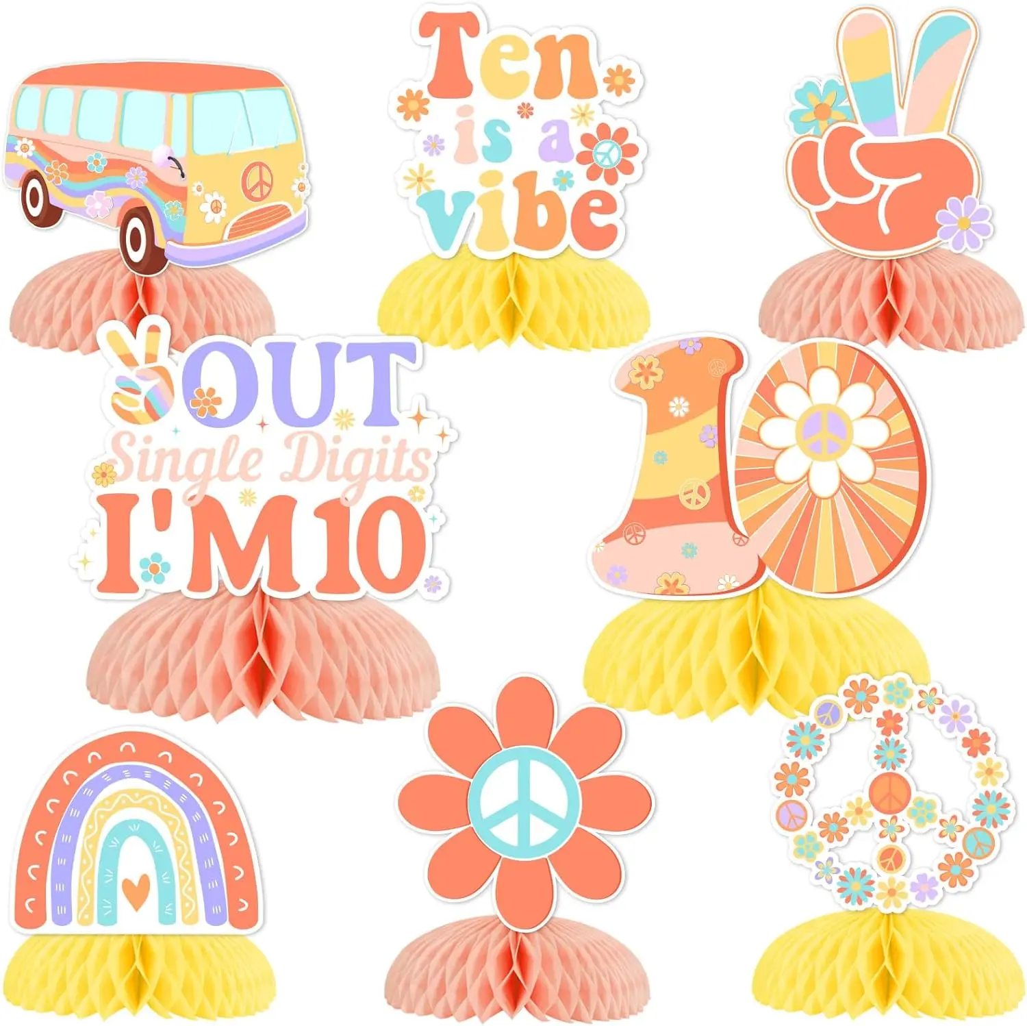 Funmemoir 8 Pieces Boho Groovy 10th Birthday Honeycomb Centerpieces Retro Party Supplies Peace Themed  Birthday Table Toppers