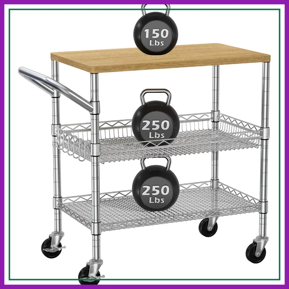 

3-Tier Rolling Kitchen Cart with Storage, Heavy Duty Utility Cart on Wheels, Wood Tabletop, Metal Shelves, 650Lbs Capacity