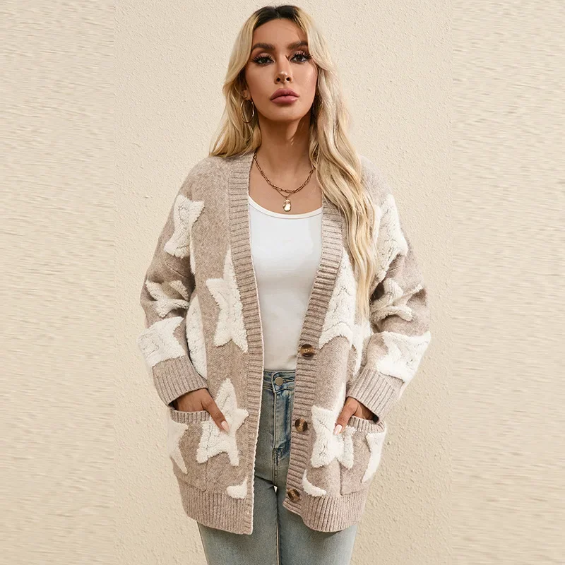 2024 Summer New Star Embroidery Knit Cardigan for Women, Thick Warm Long Sleeve Open Front Sweater with Pockets