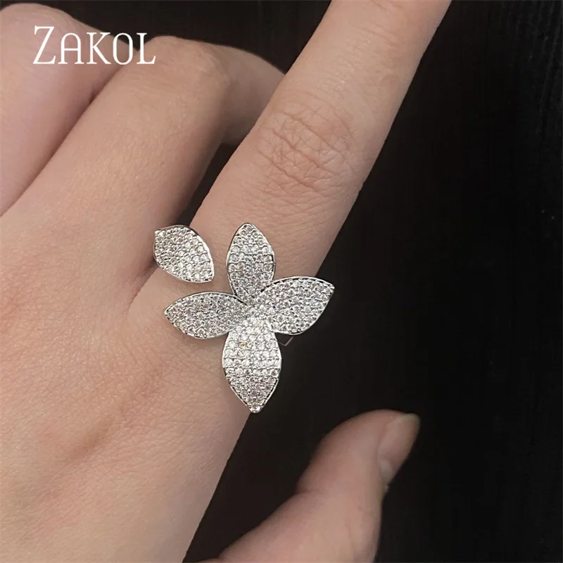 ZAKOL Trendy Micro Pave Cubic Zirconia Flower Open Rings for Women Personality Party Jewelry 2023 New