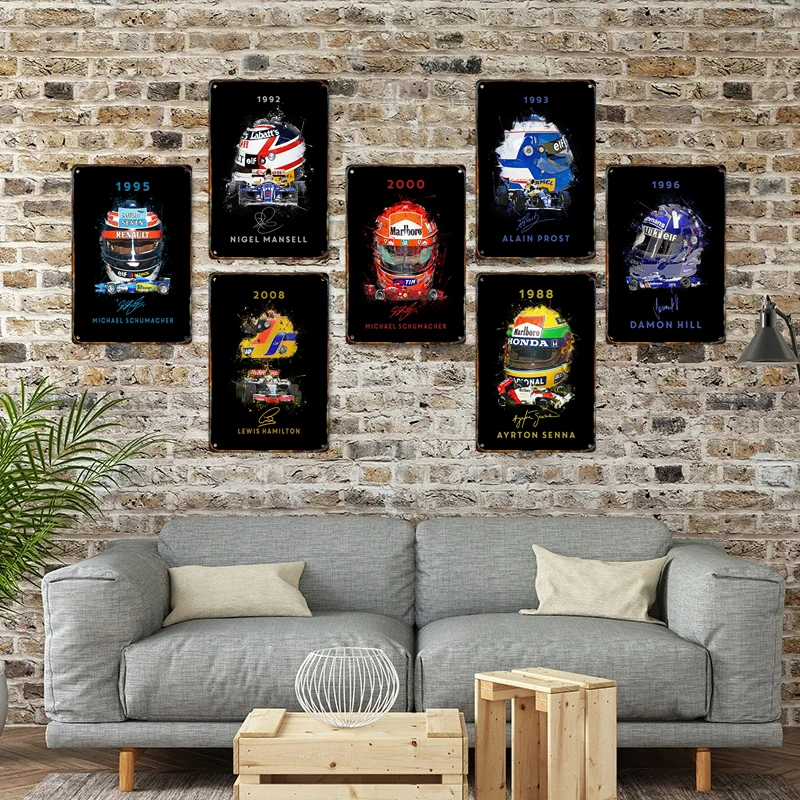 Formula 1 Racing Helmets Metal Poster Decorative Sign Tin Painting Plaque Home Garage Club Man Cave Wall Art Decor Mural Gift