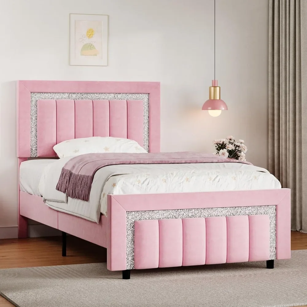 Twin Bed Frames with Headboard, Pink Upholstered Bed Frame with Velvet Vertical Channel Diamond Headboard, Twin Bed Frames