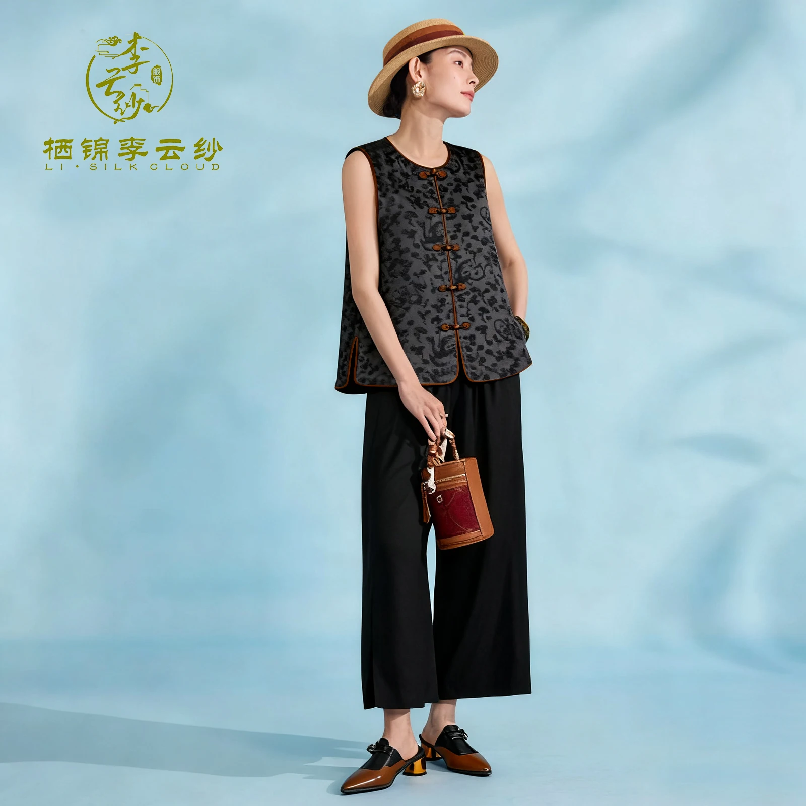 

LI SILK CLOUD xiangyunsha Vest - Skin-Friendly Silk Fabric, Elegant Sleeveless Gilet Guangdong Black Pearl Guangdong Gauz