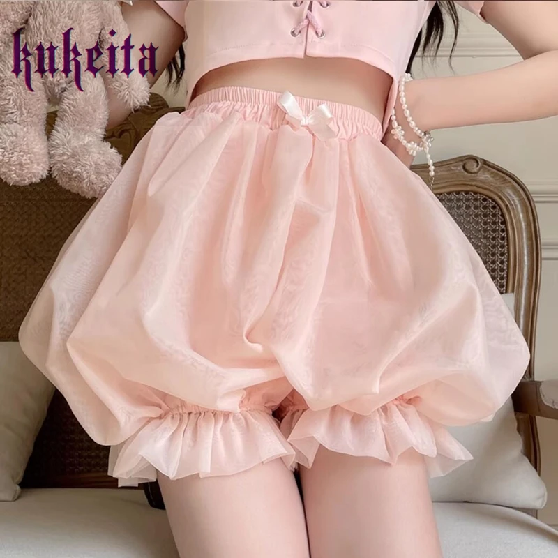 Kukeita Kawaii Cute Lolita Safety Short Pant Women Sweet Japanese Fluffy Jk Bloomers Harajuku Solid Color Ruffles Pumpkin Shorts