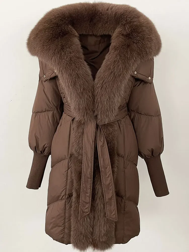 MENINA 2024 Neue Winter Jacke Frauen Lange Natürliche Echt Fox Pelz Kragen Mit Kapuze Weiße Ente Unten Mantel Dicke Warme Casual oberbekleidung