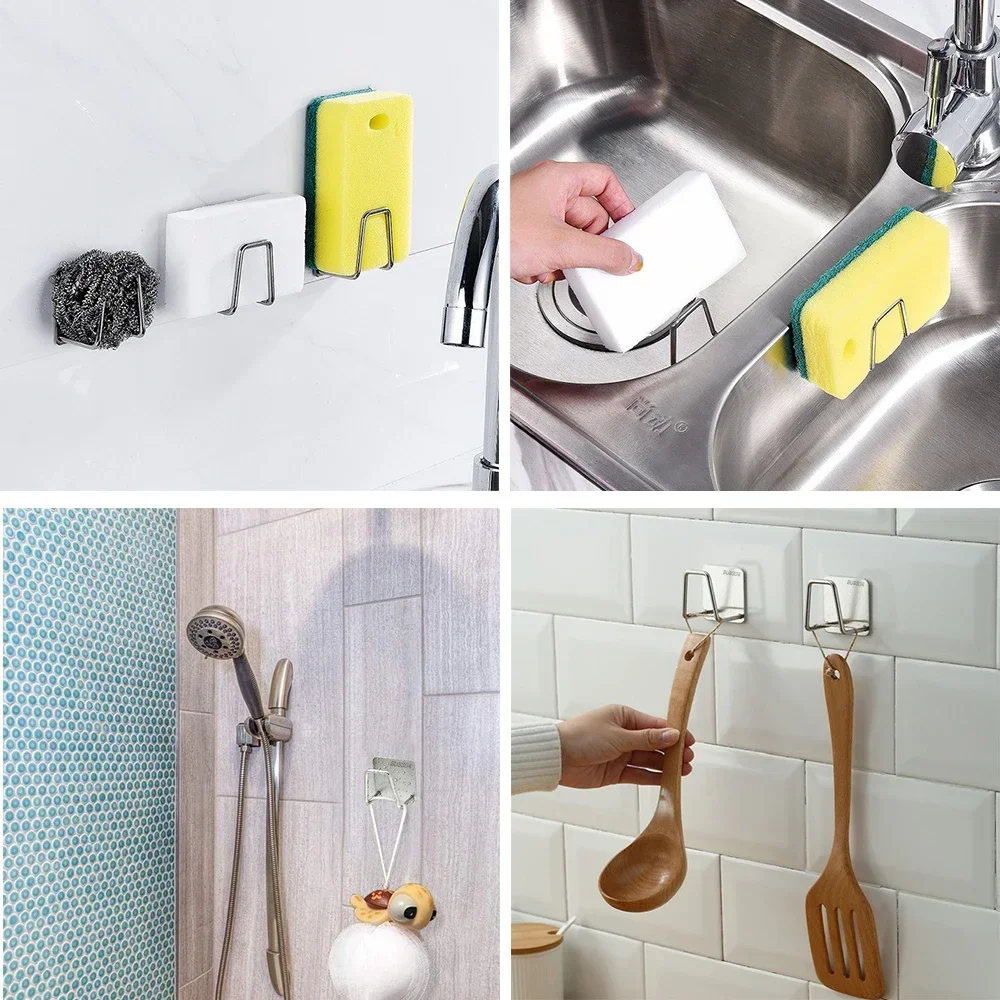 Kitchen Organizer Sponge Holder Soap Drying Rack Self Adhesive Sink Drain Racks Stainless Steel Sink Wall Storage Racks Hooks