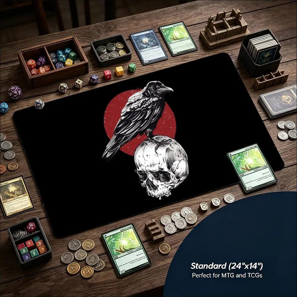 Gothic Raven Skull Moon Theme Large Game Playmat Non‑Slip Rubber Card Game Mat Keyboard Pad For Tabletop Card Gaming Setup