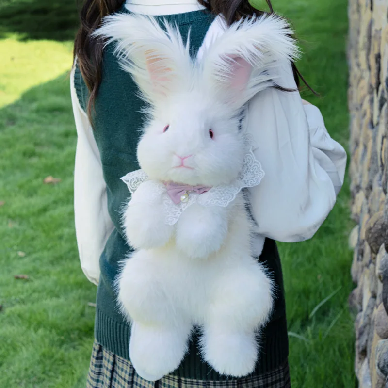 Sac à dos réaliste en peluche de lapin Angora, jouet en peluche Super doux, sac de lapin portable, cadeau d'anniversaire mignon et câlin
